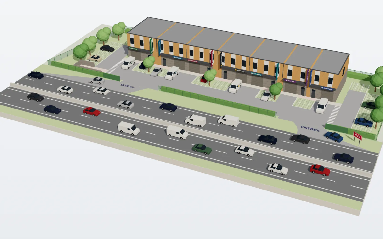 Maquette du programme : le bâtiment de sept lots, sa cour et la N20 au premier plan