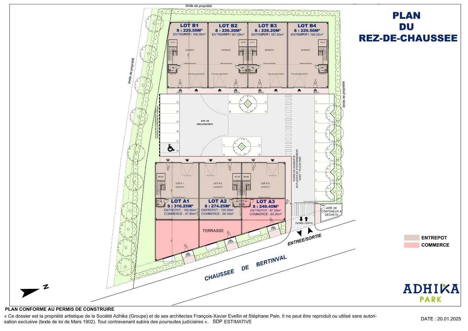 Plan masse du programme : bâtiment A côté rue (lots A1 à A3), bâtiment B en fond de parcelle (lots B1 à B4), parkings et espaces plantés